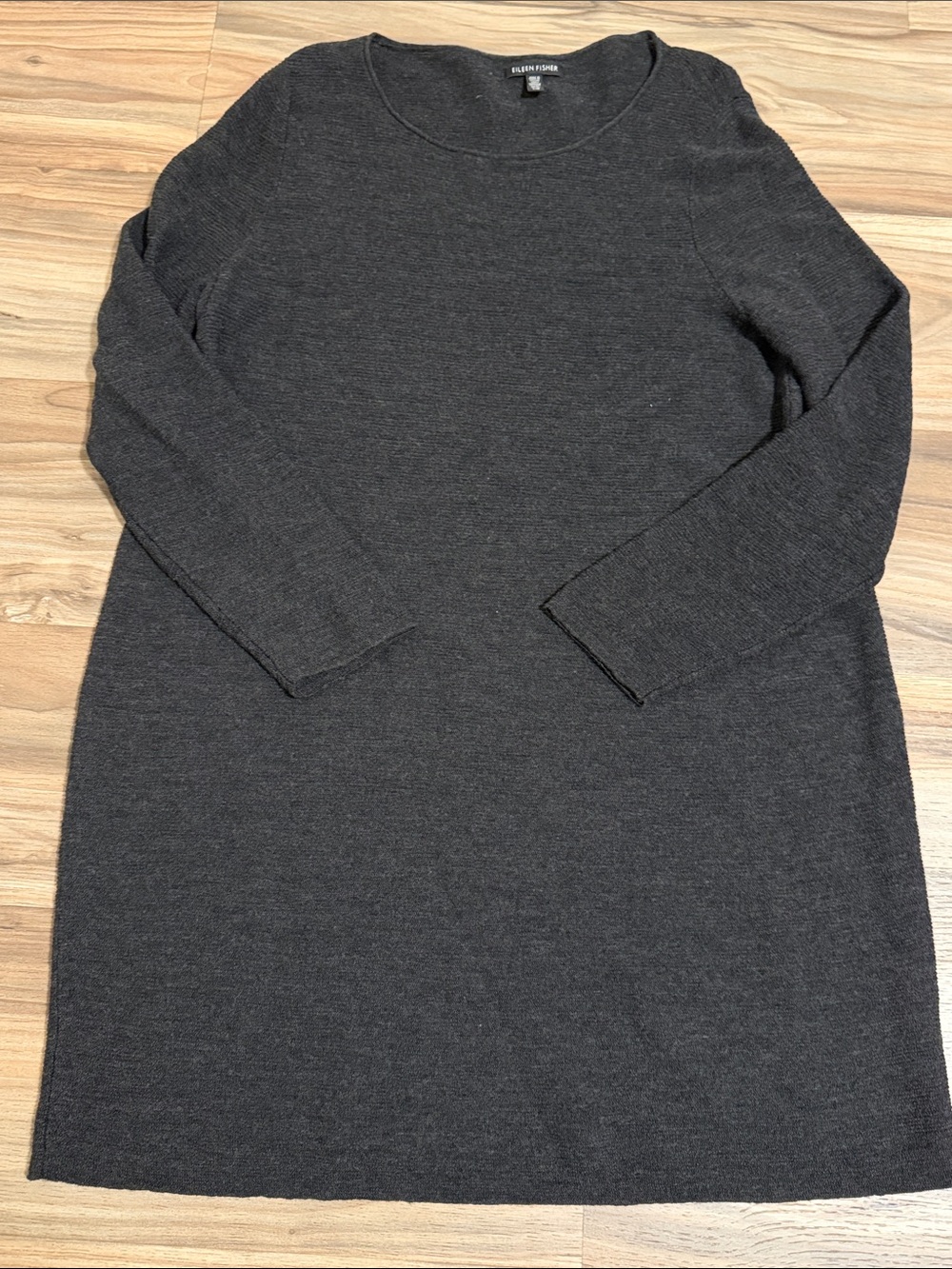 Eileen Fisher Sweater Dress Women L Charcoal Grey Merino Wool Ribbed Knit Tunic